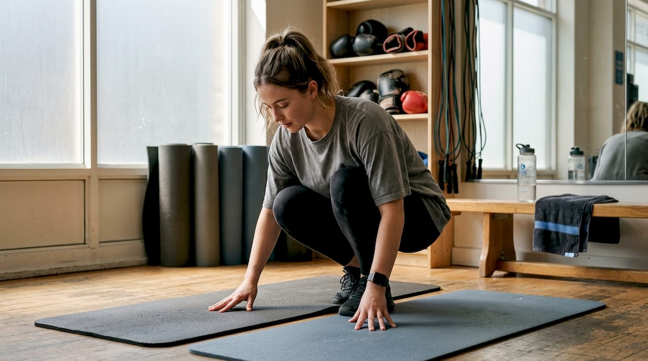 Eine Frau prüft im Fitnessstudio verschiedene Gymnastikmatten und vergleicht dabei, wie fest oder weich sie sind.