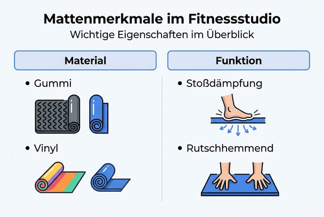 Infografik: Übersicht zu Matten – Materialien, Eigenschaften und Anwendungsbereiche