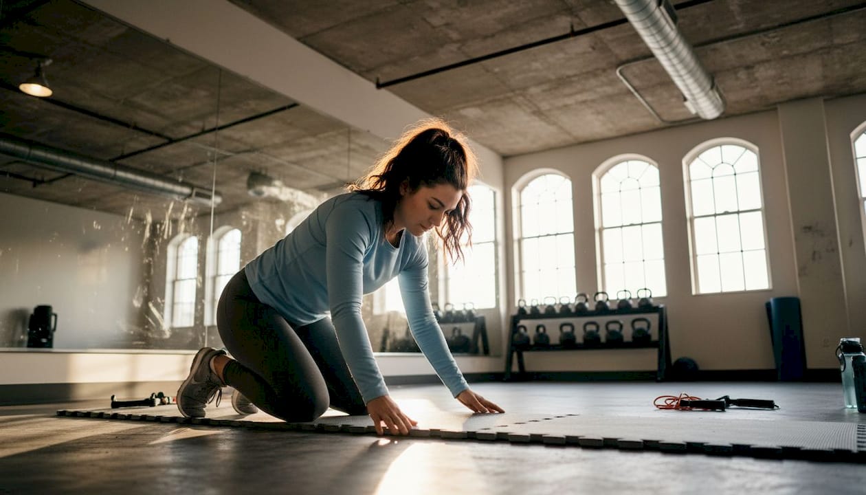 Eine Frau legt im Fitnessstudio neue Matten aus und sorgt dafür, dass alles perfekt passt.