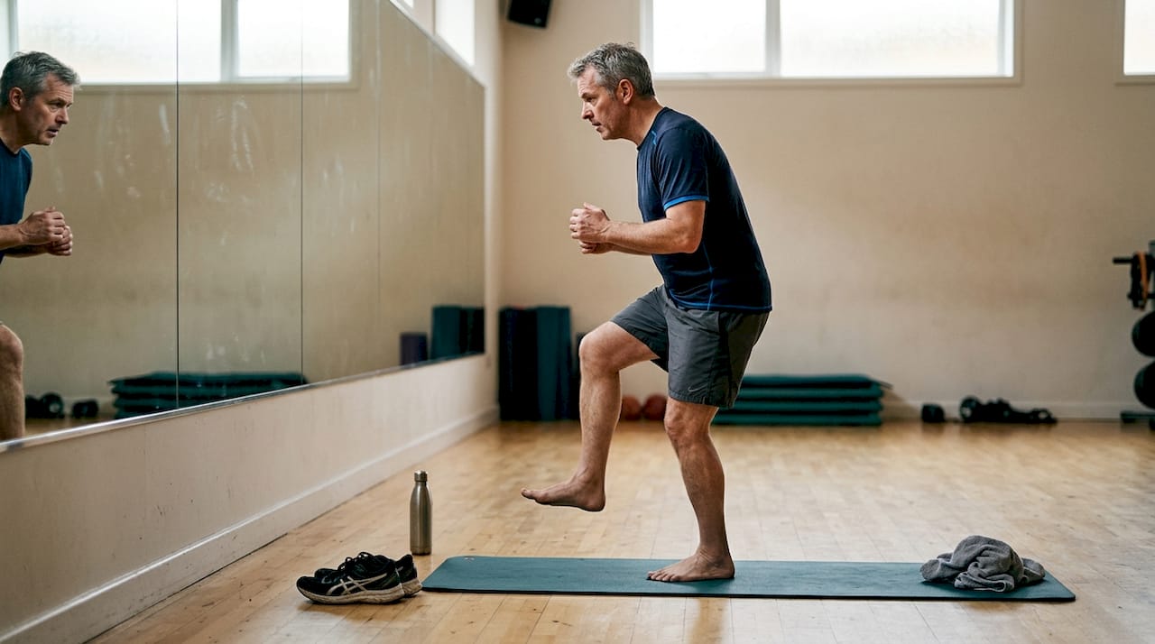 Ein Mann trainiert sein Gleichgewicht auf einer Yogamatte.