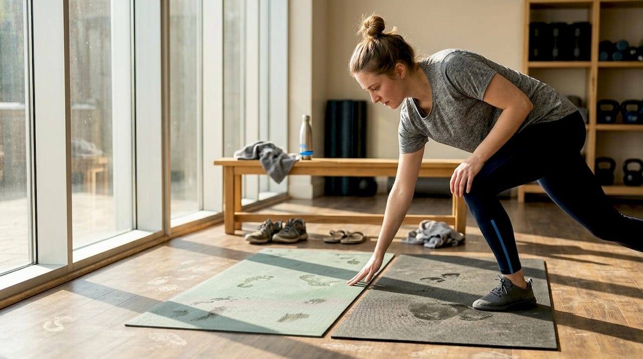 Eine Frau testet, wie gut zwei Gymnastikmatten dämpfen.