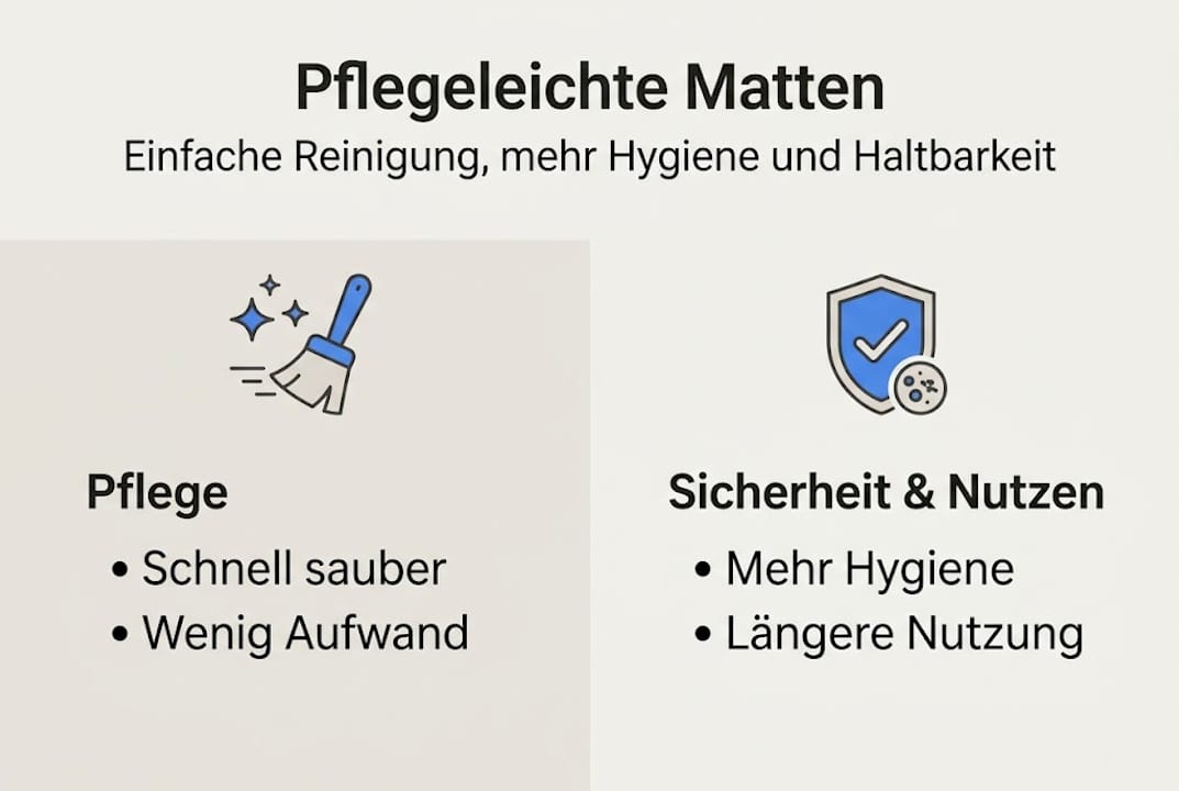 Die Infografik veranschaulicht, welche Vorteile pflegeleichte Matten bieten.