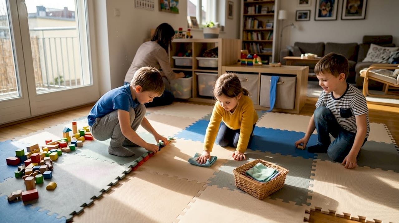Spielmatten einfach zusammen mit den Kindern und Eltern reinigen