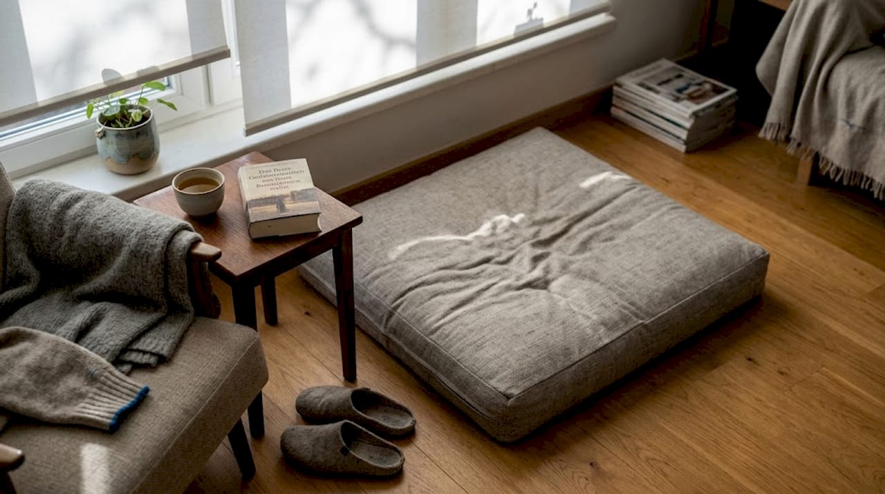 Bequeme, dick gepolsterte Meditationsmatte im gemütlichen Wohnzimmer