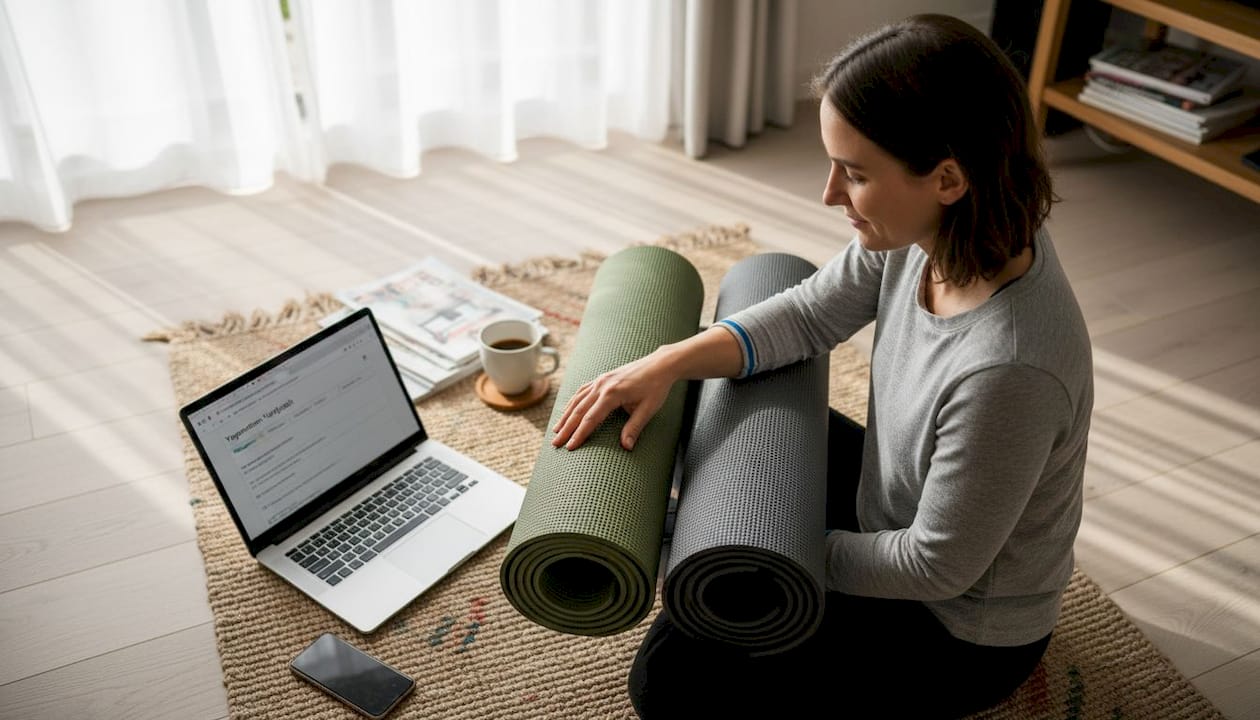 Eine Frau prüft zu Hause verschiedene Materialien für ihre Yogamatte und vergleicht deren Eigenschaften.
