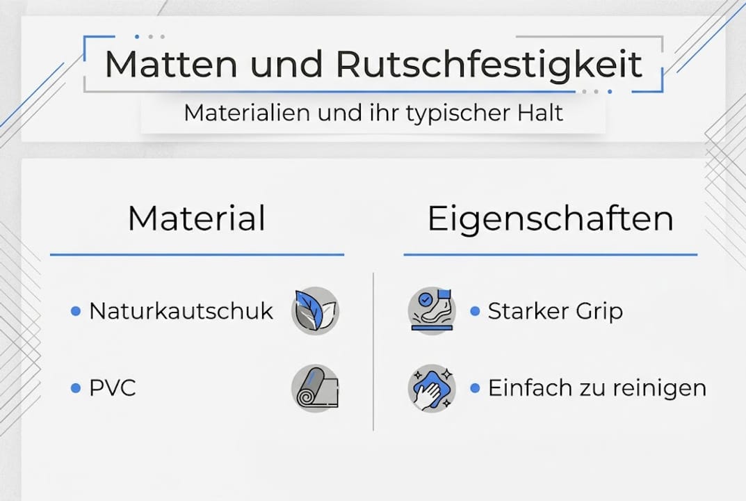 Übersicht: Materialien von Matten und ihre Rutschfestigkeit im Vergleich