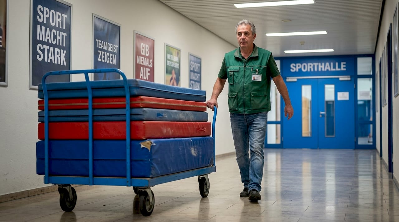 Ein Hausmeister räumt Turnmatten in der Schulsporthalle um.