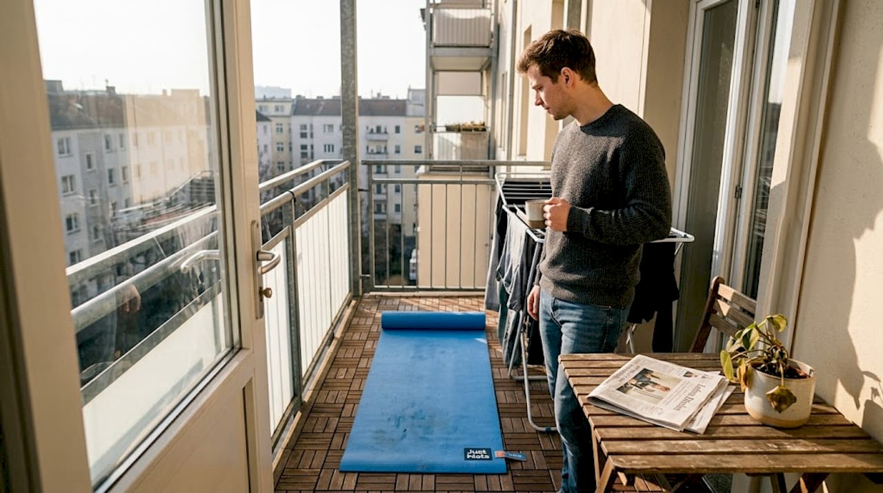 Die Sportmatte liegt zum Auslüften auf dem Balkon.
