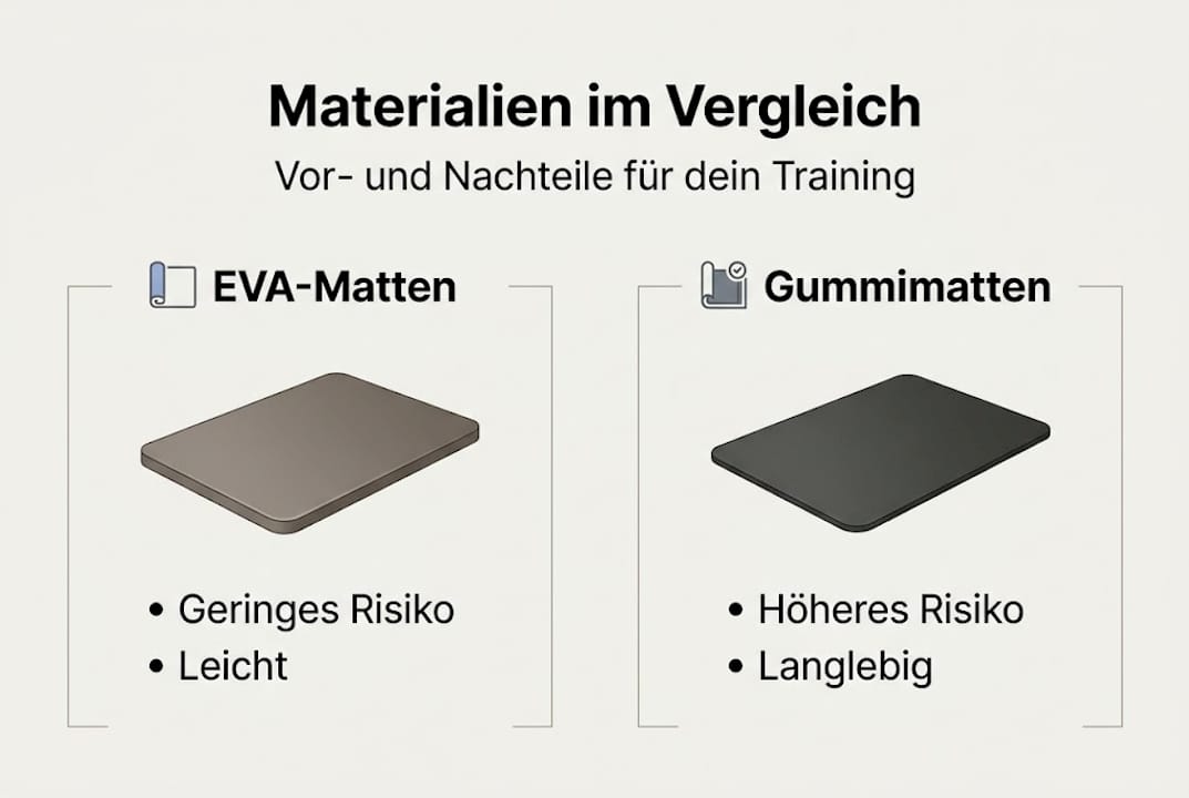 Infografik: Die verschiedenen Materialien von Fitnessmatten im Überblick – ihre Stärken und Schwächen auf einen Blick