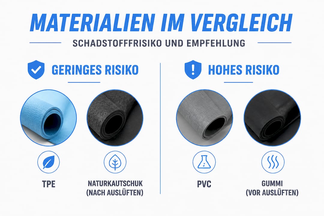 Eine Infografik zeigt, welche Mattenmaterialien mit welchen Risiken verbunden sind – der direkte Vergleich auf einen Blick.