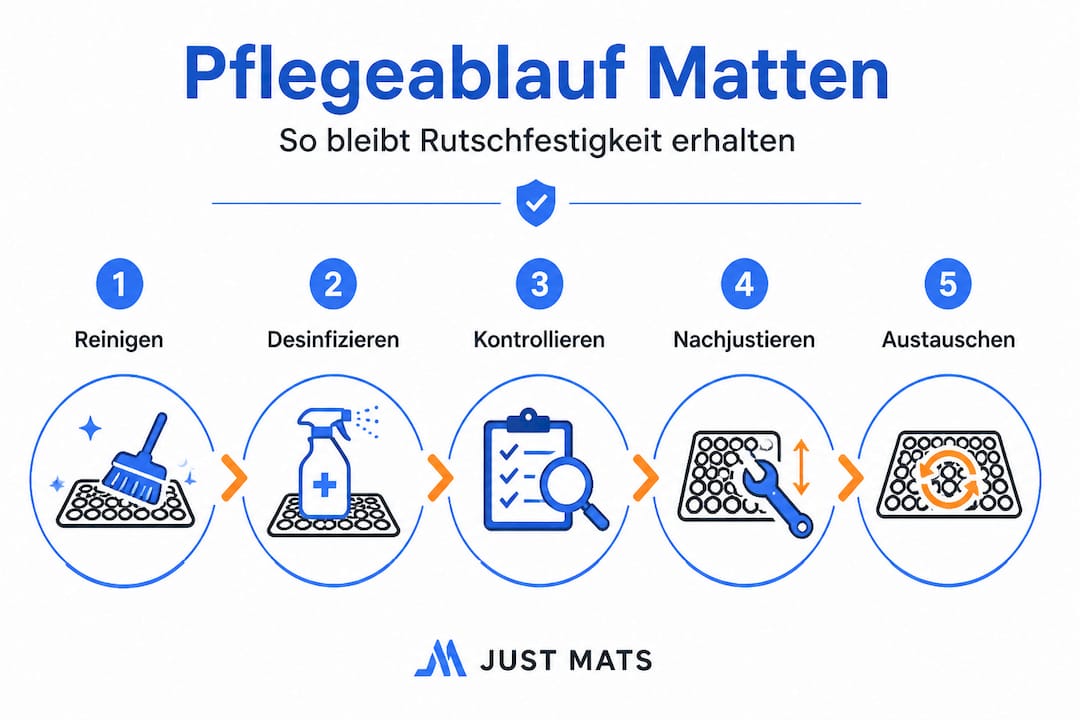 Pflegehinweise für rutschfeste Matten – anschaulich dargestellt in einer Infografik