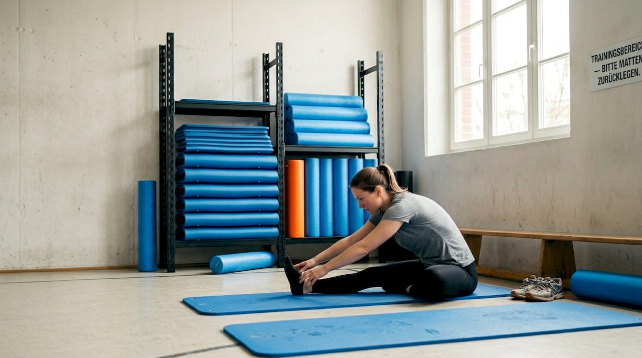 Eine Frau dehnt sich auf einer schon oft genutzten Trainingsmatte im Fitnessstudio.