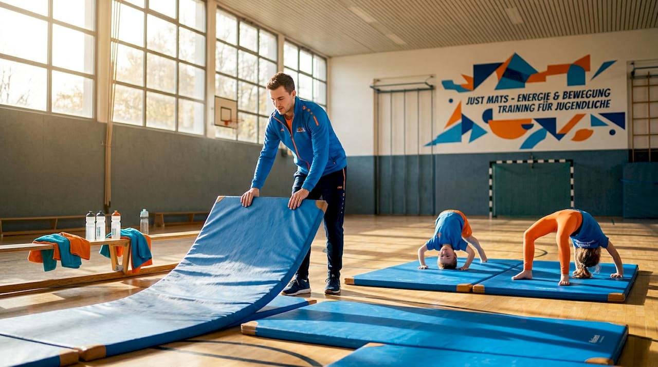 In der Turnhalle legen die Kinder gemeinsam mit ihrem Jugendtrainer die Matten aus und nutzen sie für verschiedene Übungen und Spiele.