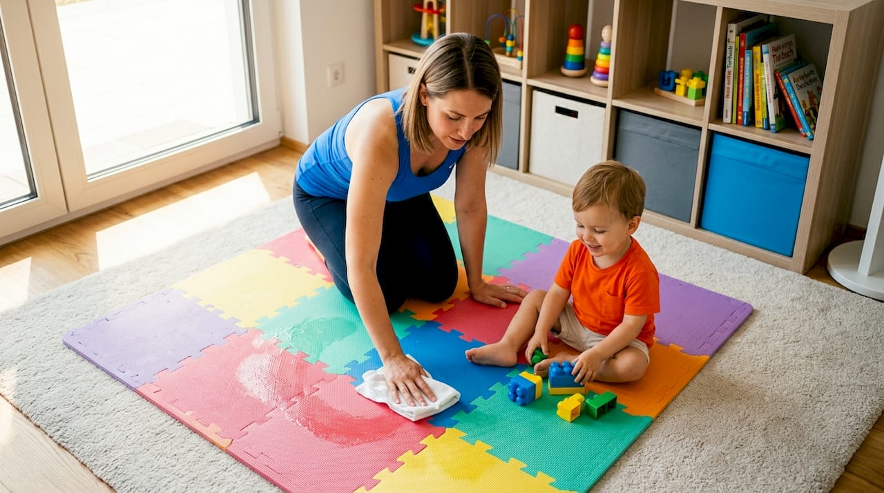 Eine Mutter wischt im Wohnzimmer die Spielmatte ihres Kindes sauber.