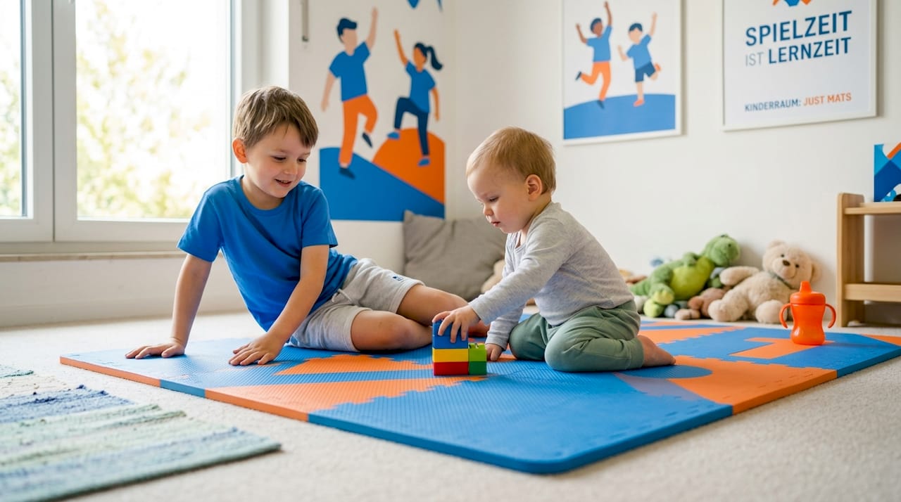Im Kindergarten tollen Kinder auf einer weichen Spielmatte herum.