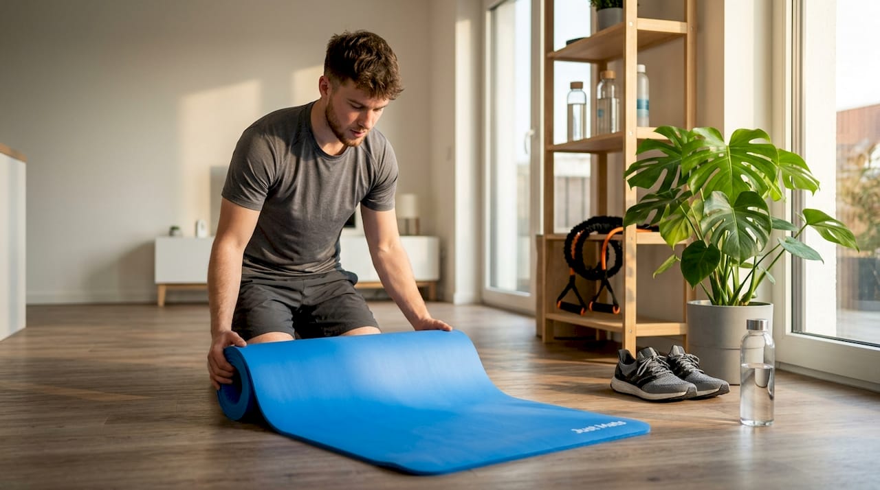 Ein Sportler rollt seine PVC-Fitnessmatte im Wohnzimmer aus und bereitet sich auf sein Training vor.