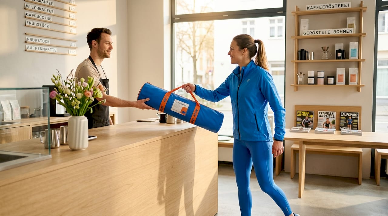 Eine Frau gibt ihr Paket mit Fitnessmatten am Schalter des Paketshops ab.