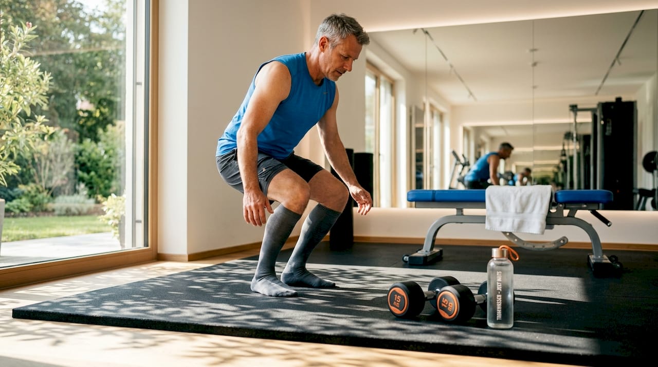 Ein Mann setzt vorsichtig auf einer Fitnessmatte auf.