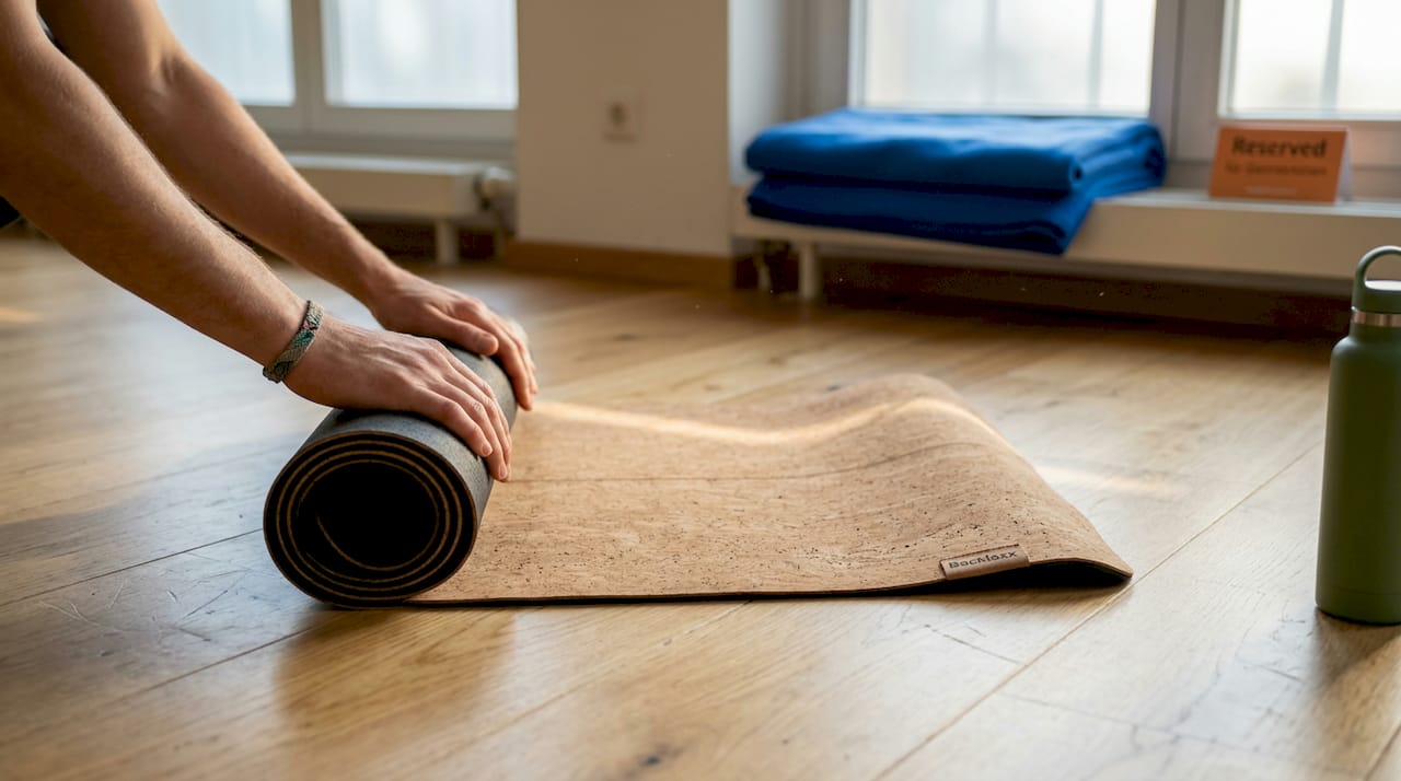 Im Yogastudio rollt jemand behutsam eine Kork-Yogamatte aus.