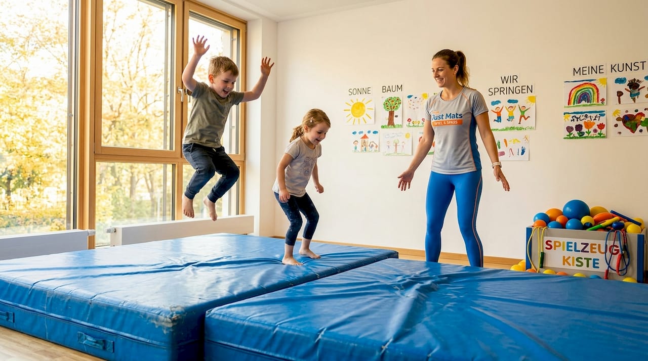 Im Kindergarten tollen die Kinder fröhlich auf den Matten herum und üben spielerisch das Springen.