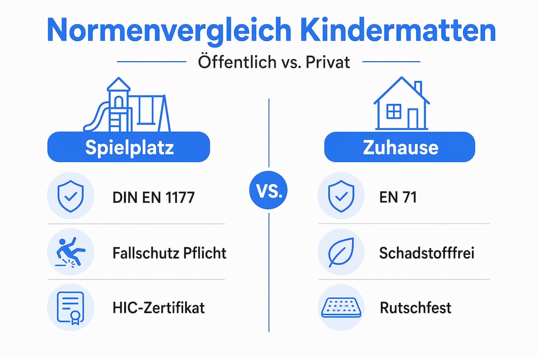 Übersichtliche Infografik: So unterscheiden sich Sicherheitsstandards für Kindermatten auf dem Spielplatz und im eigenen Zuhause
