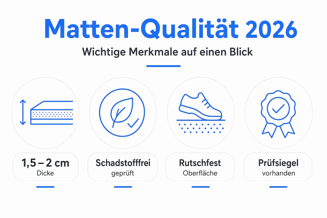 Diese Infografik stellt die wichtigsten Qualitätskriterien für Rehasportmatten übersichtlich dar.
