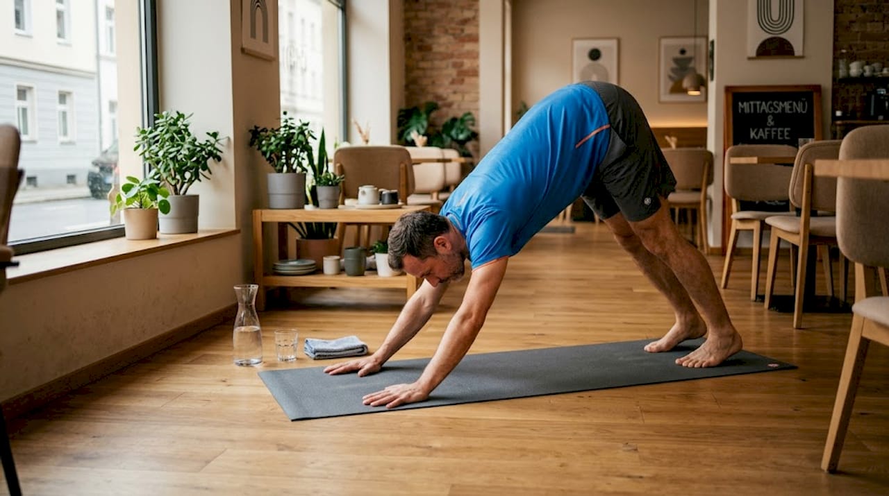 Ein Mann rollt seine Manduka-Reiseyogamatte im Hotelzimmer aus und nutzt sie für seine Yoga-Praxis unterwegs.