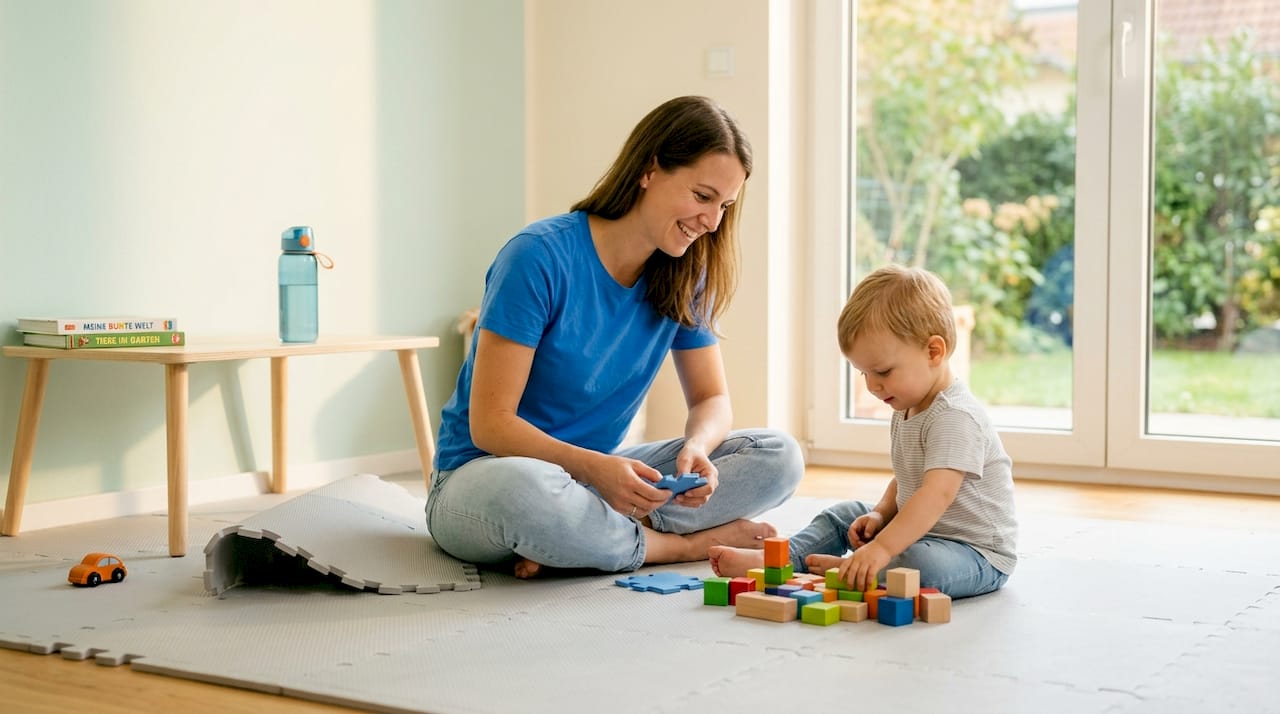 Im Wohnzimmer breitet die Familie eine Puzzlematte aus und verbringt gemeinsam Zeit darauf.