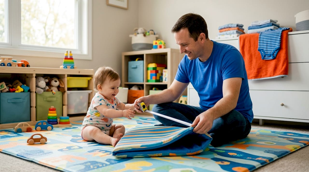 Ein Vater prüft gemeinsam mit seinem Baby, wie dick die Spielmatte ist.