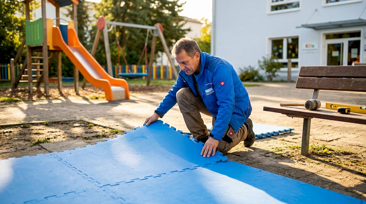 Der Hausmeister sorgt für mehr Sicherheit: Auf dem Spielplatz der Kita bringt er neue Fallschutzmatten an.