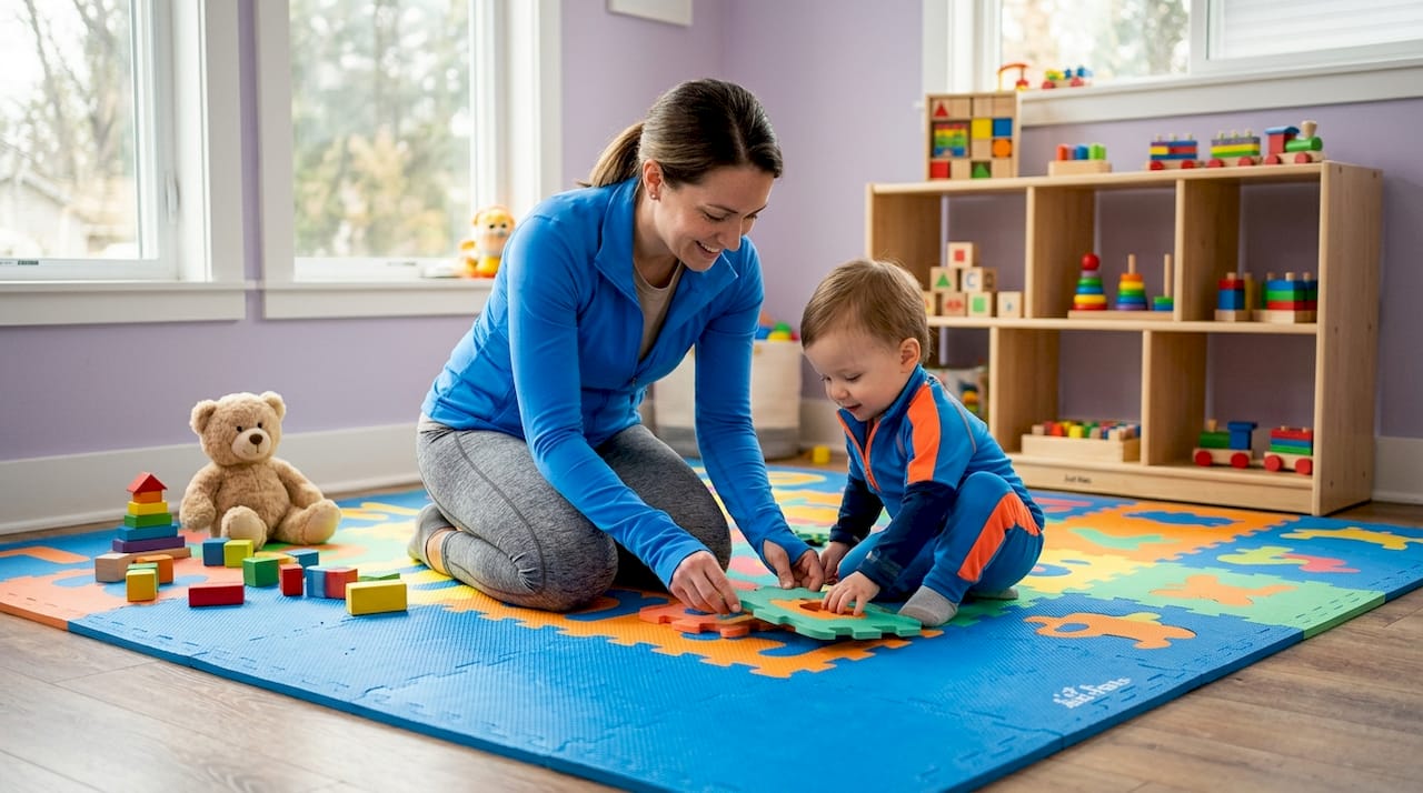 Im Kinderzimmer setzen Mutter und Kleinkind gemeinsam eine Puzzlematte zusammen.