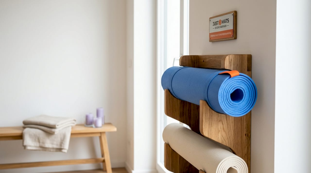 Wandhalterung aus Holz zur ordentlichen Aufbewahrung von aufgerollten Yogamatten