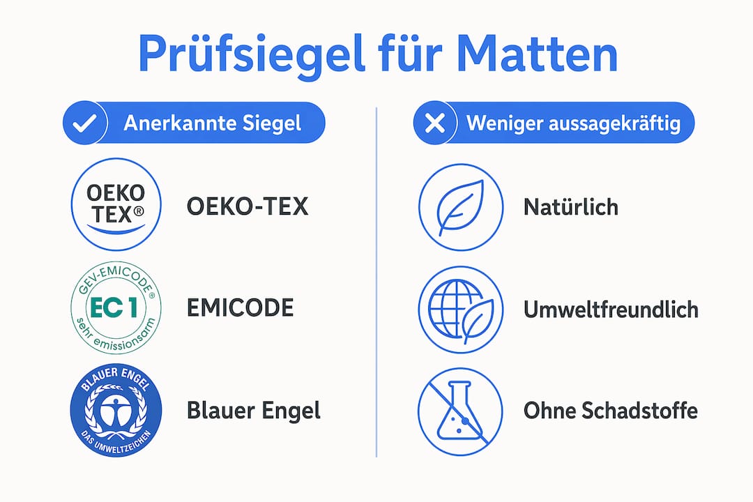 Übersichtsgrafik zu wichtigen Gütesiegeln für emissionsarme Sportmatten