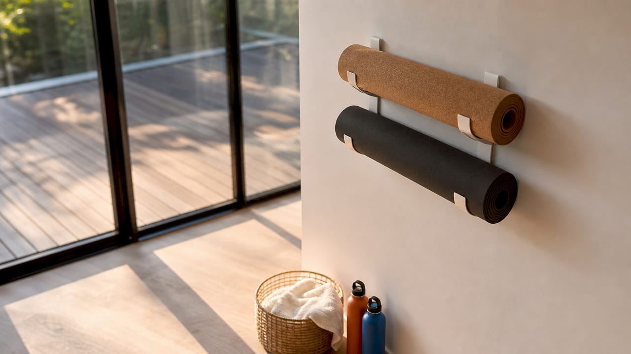 Fitnessmatten ordentlich an Holzhaltern an der Wand verstaut
