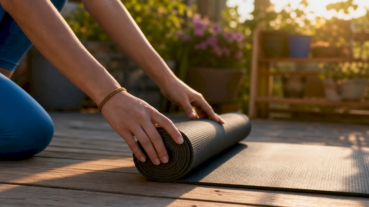 In einer Detailaufnahme sind Hände zu sehen, die eine Yogamatte aus Naturmaterialien ausrollen.