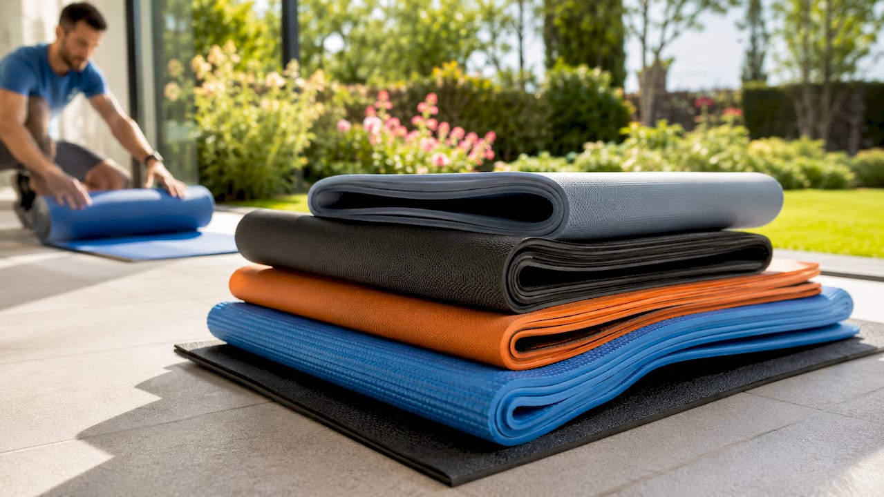 Detailaufnahme verschiedener Materialien von Fitnessmatten, die nebeneinander auf einem Tisch liegen.