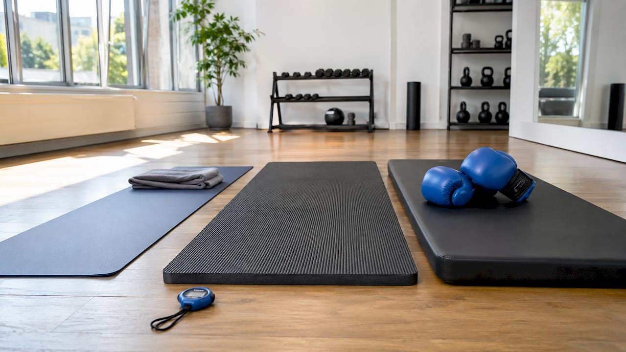 Draufsicht auf drei Fitnessmatten, die jeweils mit verschiedenen Trainingsutensilien ausgestattet sind.