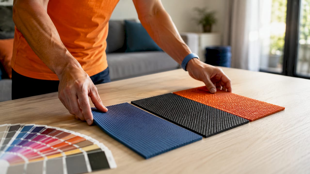 Mehrere Fitnessmatten werden nebeneinander gelegt und sorgfältig von Hand sortiert, um die unterschiedlichen Modelle direkt miteinander zu vergleichen.