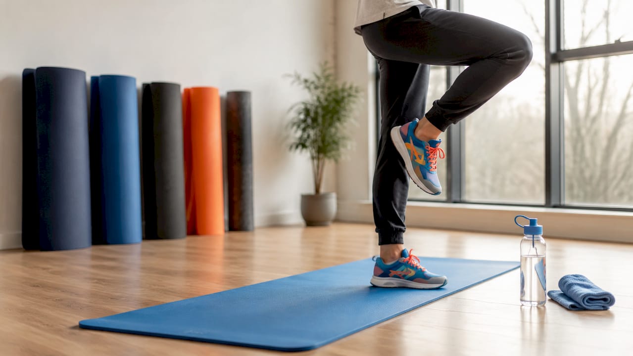 Barfuß auf der Trainingsmatte im Fitnessstudio stehen