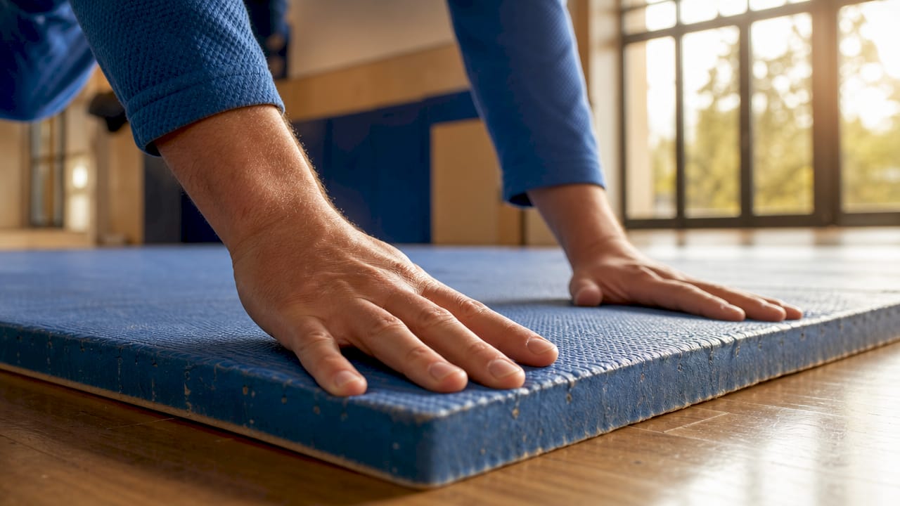 Detailaufnahme: Hände prüfen die Festigkeit einer hochwertigen Judo-Matte.