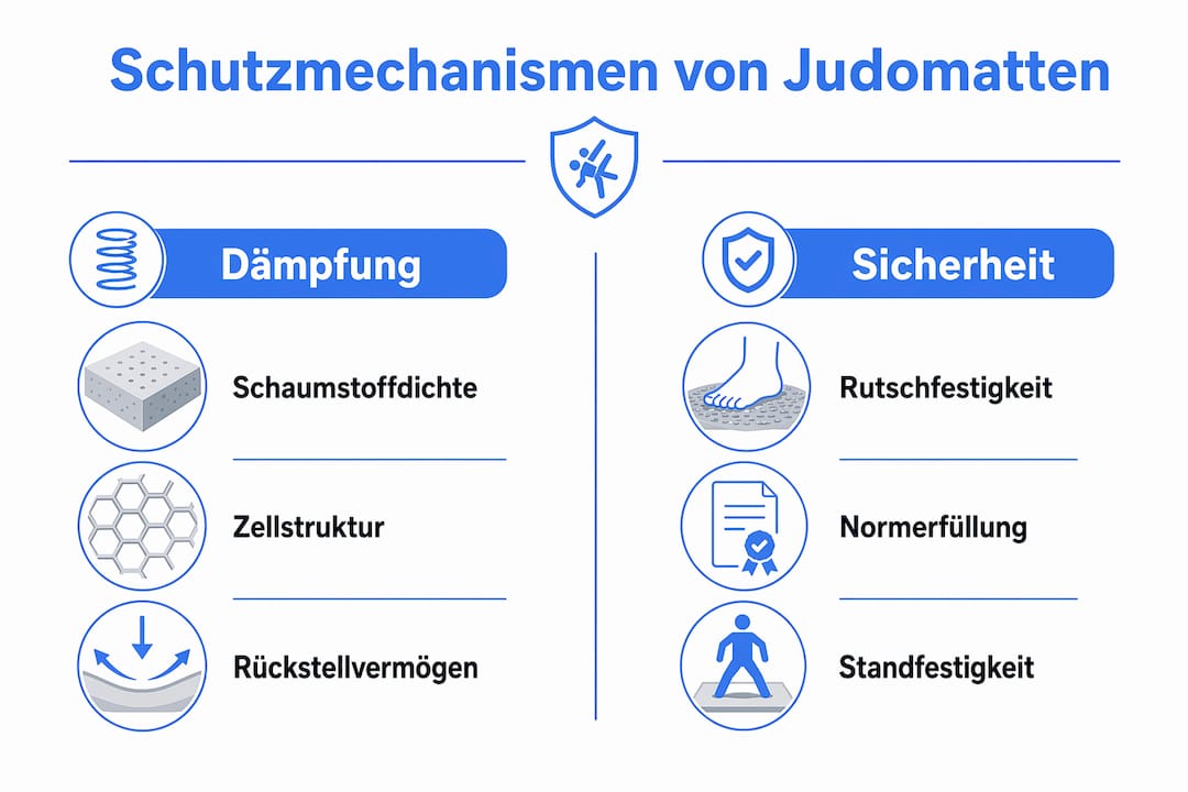Die Infografik veranschaulicht, wie Judomatten auf zwei unterschiedliche Arten für Sicherheit sorgen.