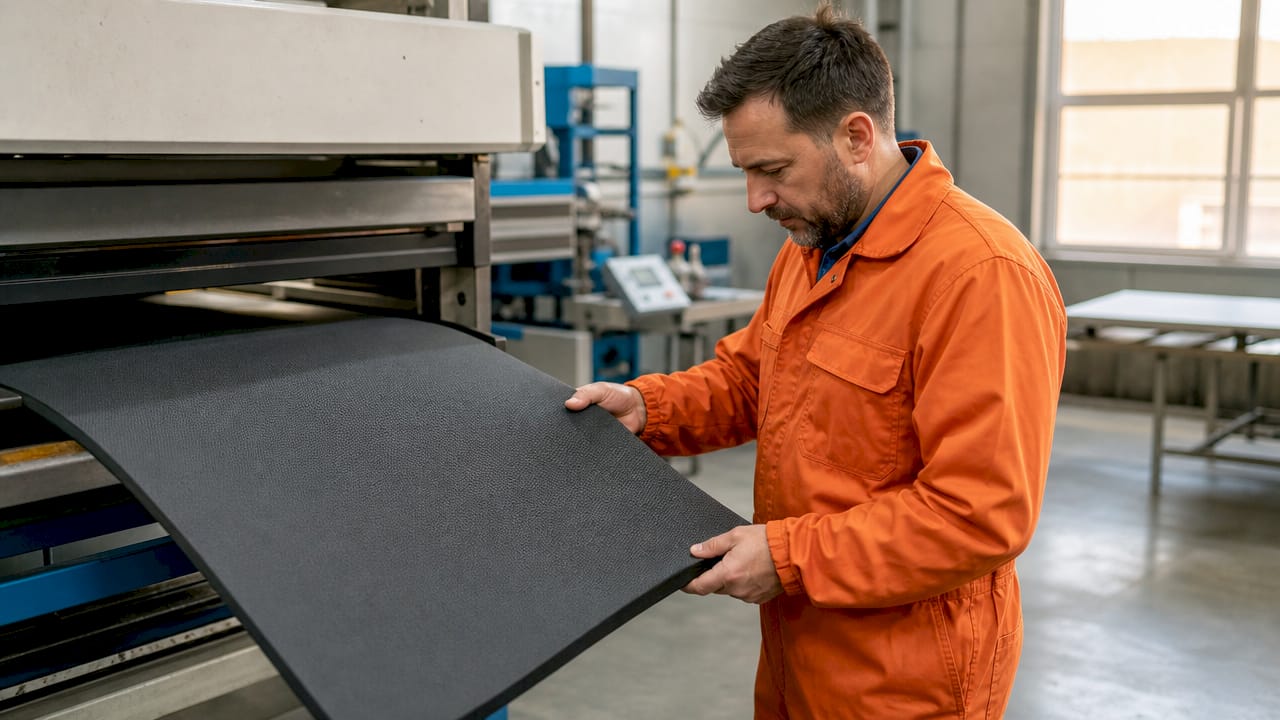 Ein Techniker kontrolliert die Qualität der im Heißpressverfahren hergestellten Matte.