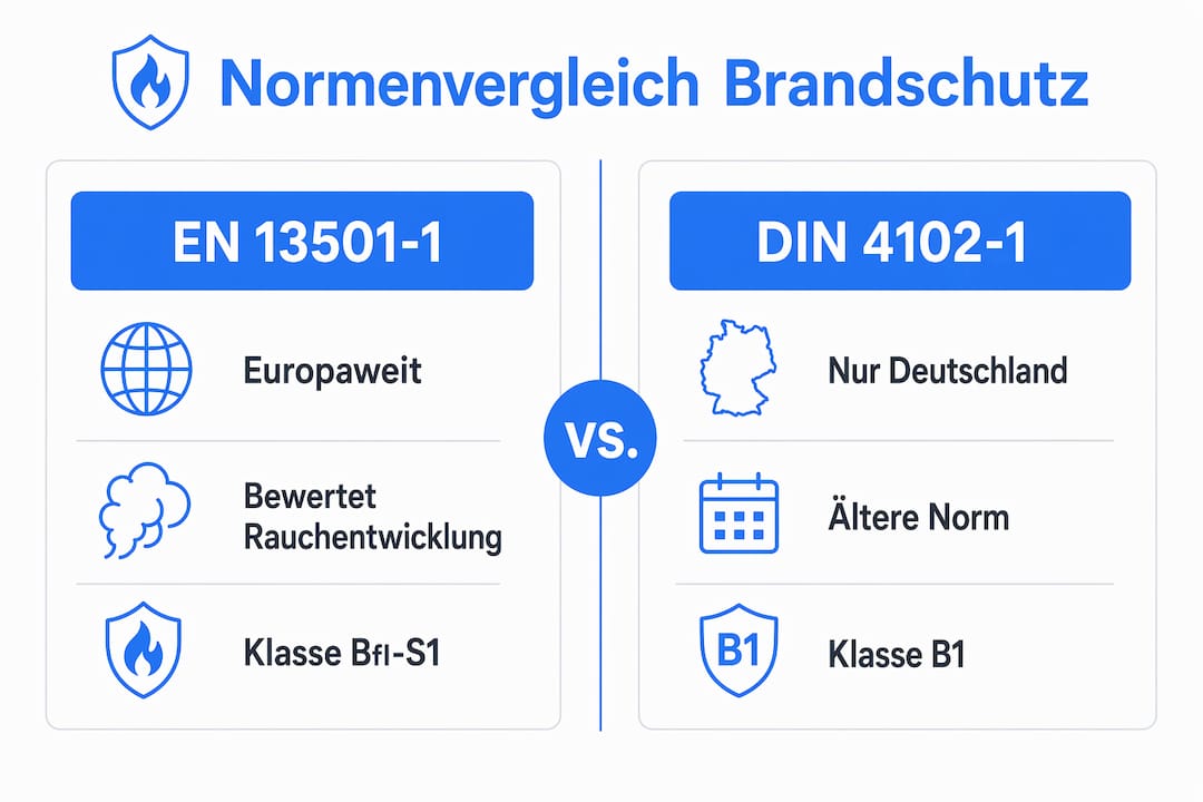 Infografik: Übersicht und Vergleich der Brandschutzanforderungen für Bodenmatten