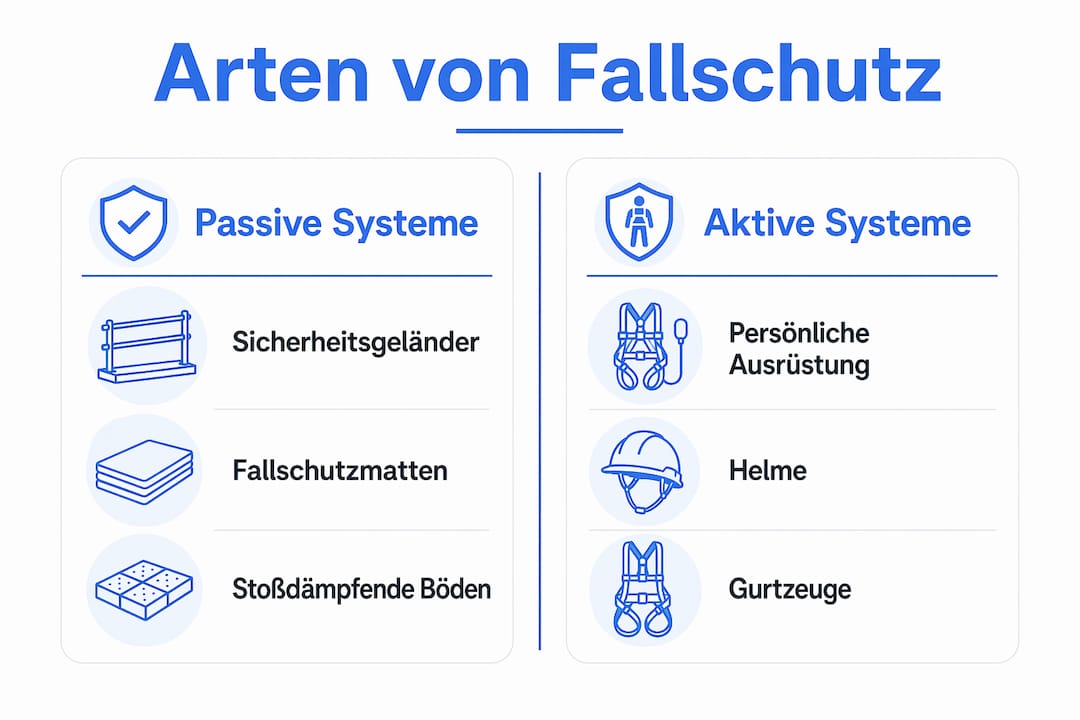 Infografik: Gegenüberstellung von passivem und aktivem Fallschutz