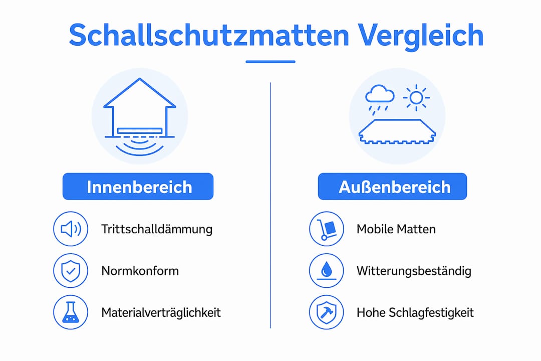 Vergleichsgrafik: Schallschutzmatten für drinnen und draußen im Überblick