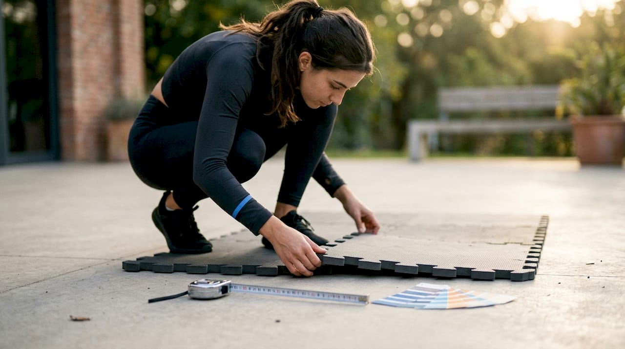 Mit den Händen werden die Puzzlematten für den Sportboden zusammengesteckt.