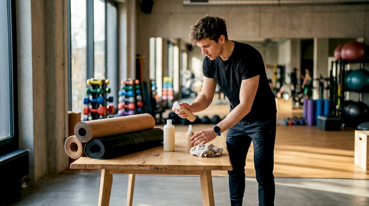 Mit den Händen werden verschiedene Reinigungsmittel direkt auf Fitnessmatten ausprobiert.