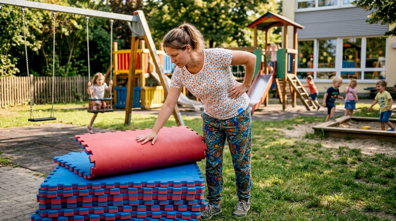 Eine Erzieherin überprüft die Sicherheitsmatten im Kindergarten, um sicherzustellen, dass sie den Kindern ausreichend Schutz bieten.