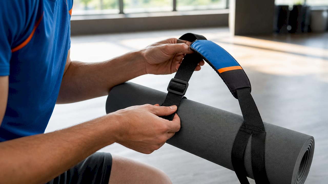 Detailaufnahme: Hände stellen den Tragegurt einer Yogamatte ein.