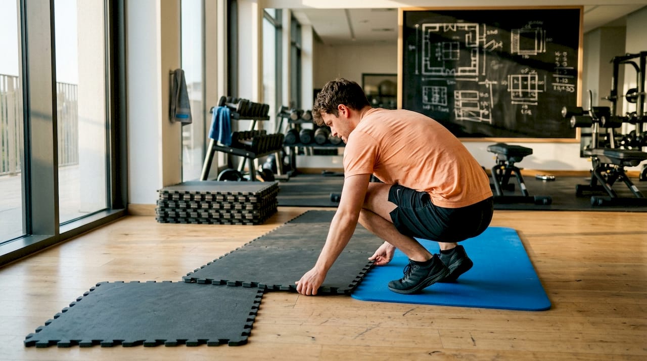 Mit geschickten Händen werden die Puzzlematten auf dem Boden des Fitnessstudios verlegt.